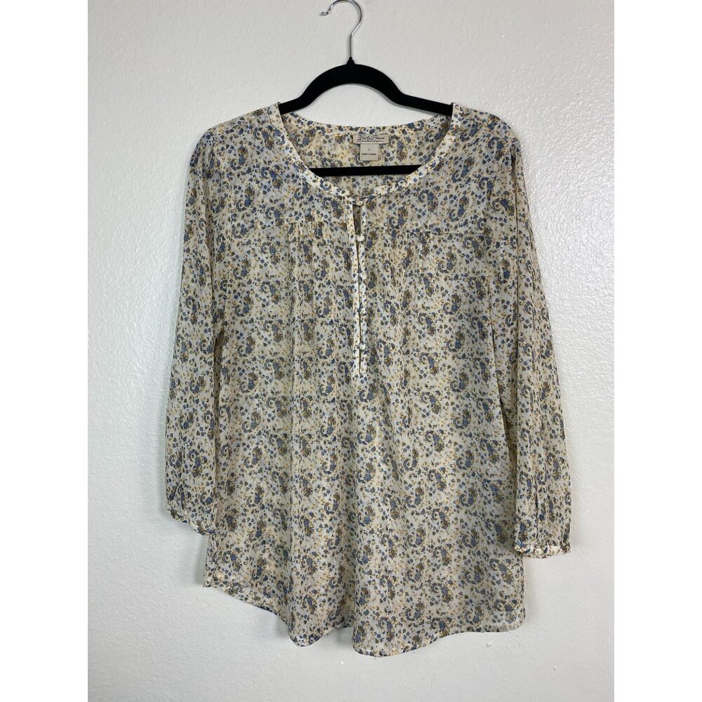 Lucky Brand Womens Floral Boho Peasant Blouse size Large Lightweight Sheer Prair